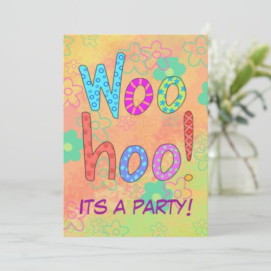WooHoo Word Text Art Orange Party Einladung (Stehend Vorderseite)
