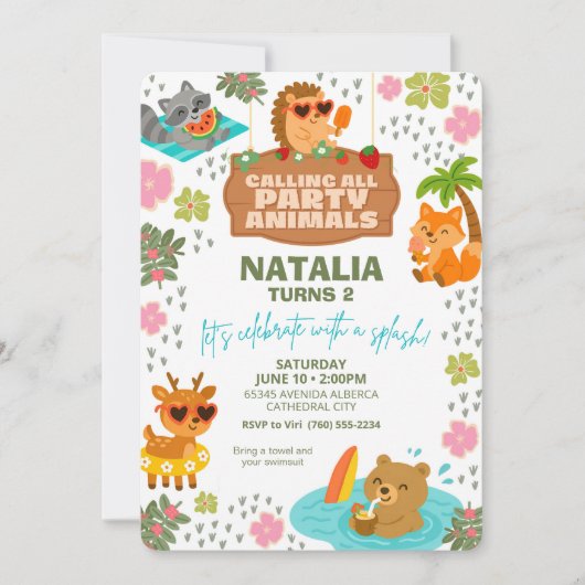 Wooldand Creatures Pool Party Tiere Einladung (Vorderseite)