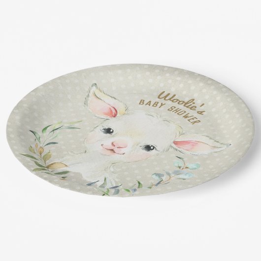 Woolie Lambert Neutral Dessert Plate - Babydusche Pappteller (Schrägansicht)