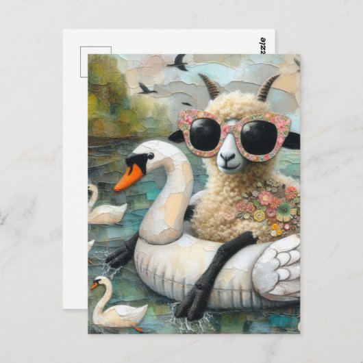 Wooly Sheep genießt Schwimmen in einem See mit Sch Postkarte (Vorne/Hinten)