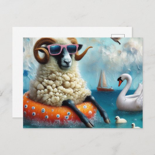 Wooly Sheep genießt Schwimmen in einem See Postkarte (Vorne/Hinten)