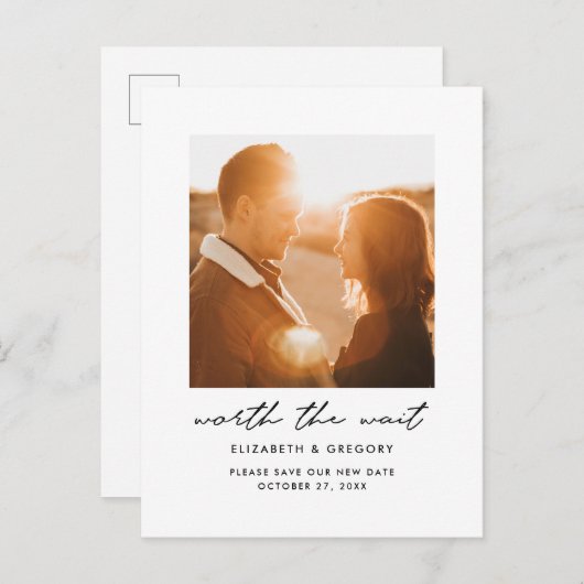 Woran die Wartezeitung das Datum ändern sollte Ankündigungspostkarte (Vorne/Hinten)