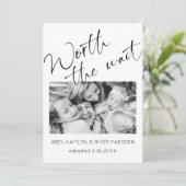 "Worauf warten" Foto Adoption Announcement Card Einladung (Stehend Vorderseite)