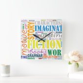 Word Art Clock von White Fiktion Writer Quadratische Wanduhr (Zuhause)