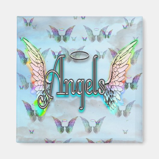 Word Art Engel mit Wings & Halo - Regenbogen-farbe Magnet (Vorne)
