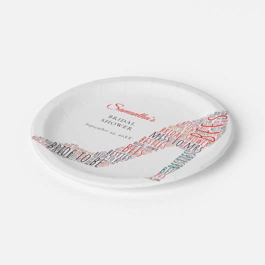 Word-Art Stiletto Name Red Text Date Brautparty Pappteller (Schrägansicht)