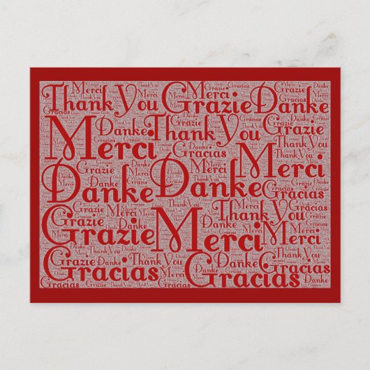 Word Art: Vielen Dank in Multi Languages - Red Whi Postkarte (Vorderseite)