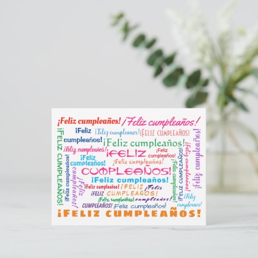 Word Cloud Feliz Cumpleaños Spanisches Glück Gebur Postkarte (Stehend Vorderseite)