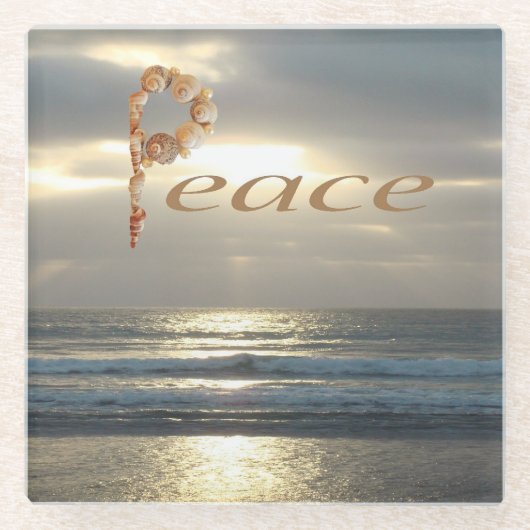 Word Peace with Seashells Ocean Horizon Landscape Glasuntersetzer (Vorderseite)
