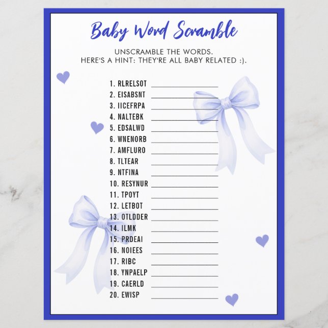 Word Scramble Baby Shower Game Blue Bow Ribbon (Vorderseite)