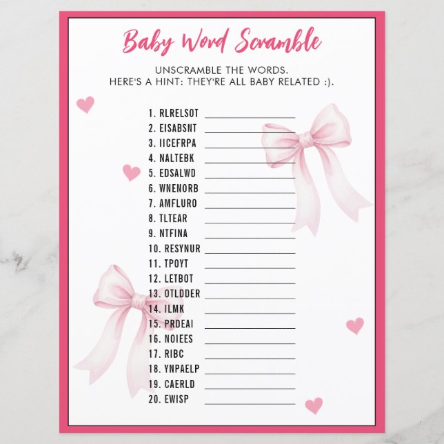 Word Scramble Baby Shower Game Pink Bow Ribbon (Vorderseite)