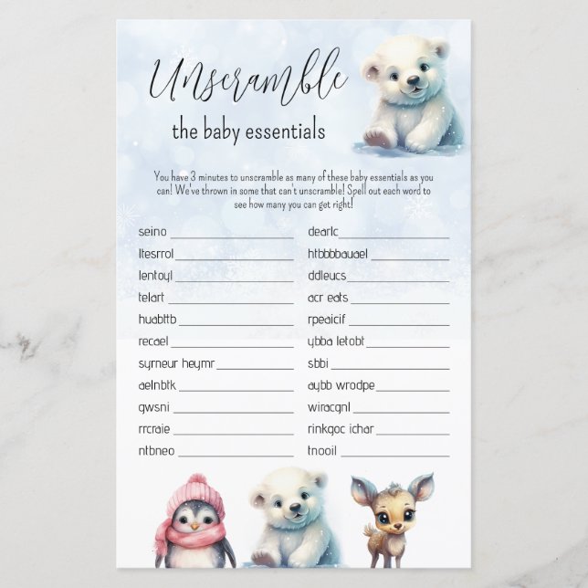 Word Scramble Blue Winter Boy Baby Showspiel (Vorderseite)
