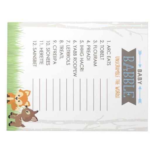 Word Scramble Blue Woodland Baby Showspiel Pack Notizblock (Vorderseite)
