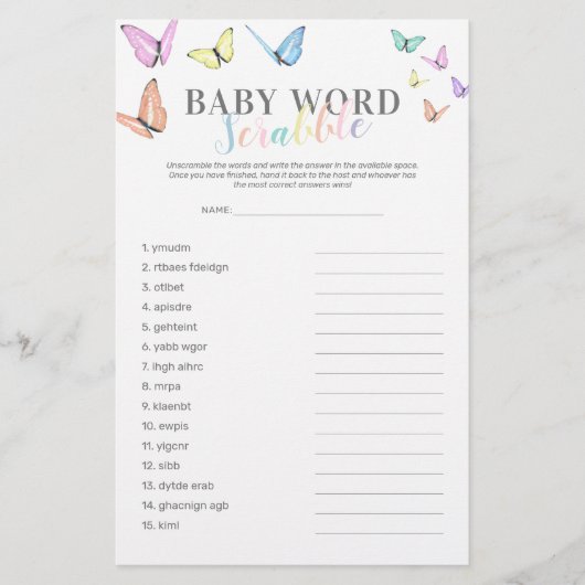 Word Scramble Butterfly Baby Showspiel (Vorderseite)
