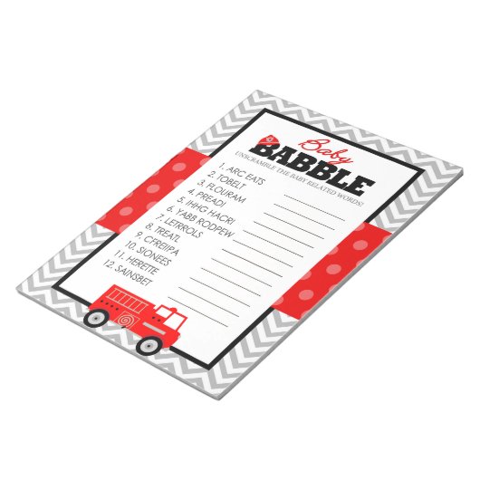 Word Scramble Fireruck Baby Shower Game Pack Notizblock (angewinkelt)