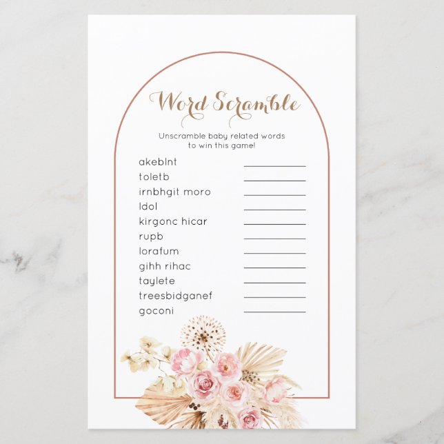 Word Scramble Game Pink Floral Boho Pampas Grass (Vorderseite)