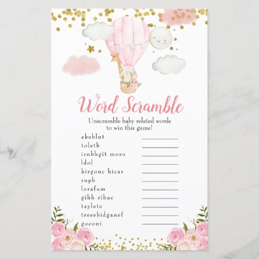 Word Scramble Game Pink Hot Air Ballon Tiere (Vorderseite)