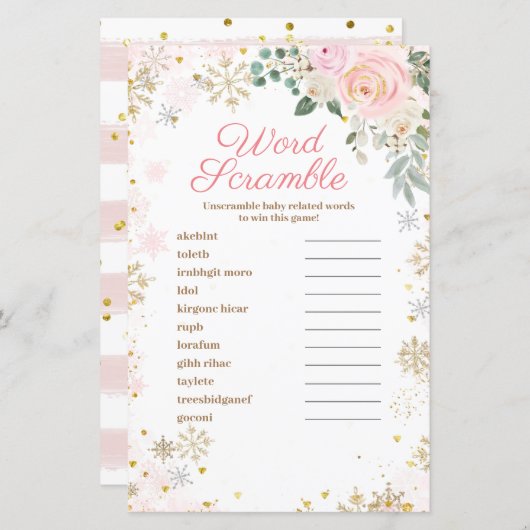Word Scramble Game Winter Pink Floral Schneeflocke (Vorne/Hinten)