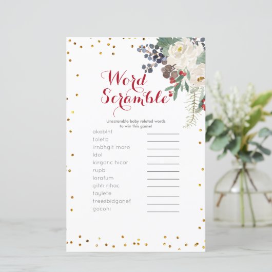 Word Scramble Game Winter White Floral Weihnachten (Stehend Vorderseite)