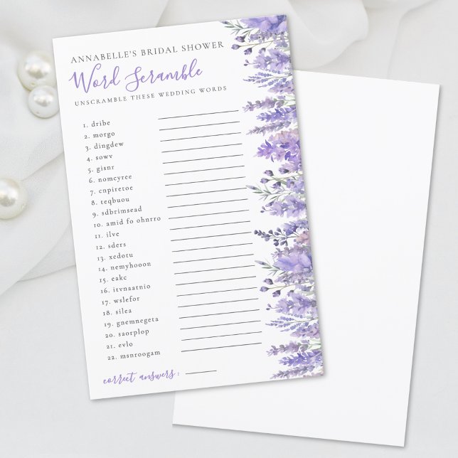 Word Scramble Lavender Floral Brautparty (Word Scramble Lavender Floral Bridal Shower)
