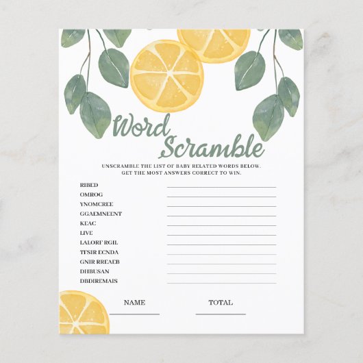 Word Scramble Lemon Brautparty Game (Vorderseite)