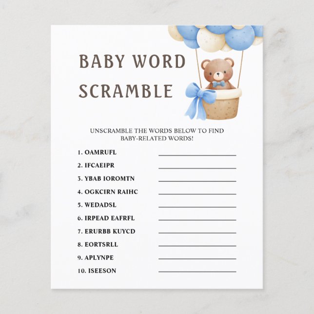 Word Scramble | Niedlich Bear Balloon Baby Showspi (Vorderseite)