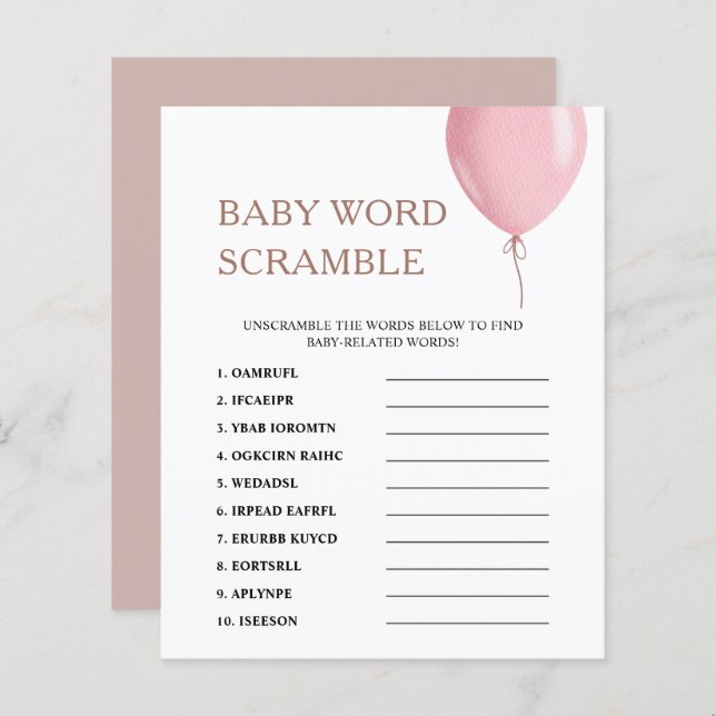 Word Scramble | Pink Balloon Baby Showspiel (Vorne/Hinten)