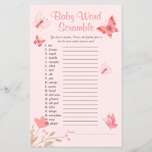 Word Scramble Pink Butterflies Baby Showspiel Flyer (Vorne)