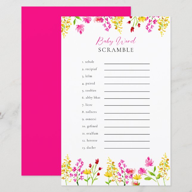 Word Scramble Wildblumen Baby Showspiel (Vorne/Hinten)