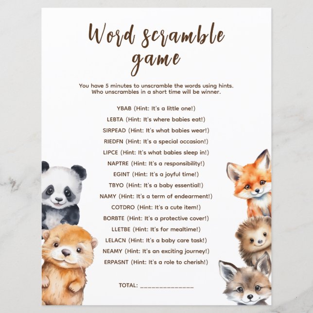 Word Scramble Woodland Animals Baby Showspiel (Vorderseite)