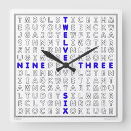 Word Search Clock with downloadable puzzle (blue) Quadratische Wanduhr
