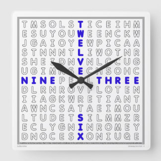 Word Search Clock with downloadable puzzle (blue) Quadratische Wanduhr