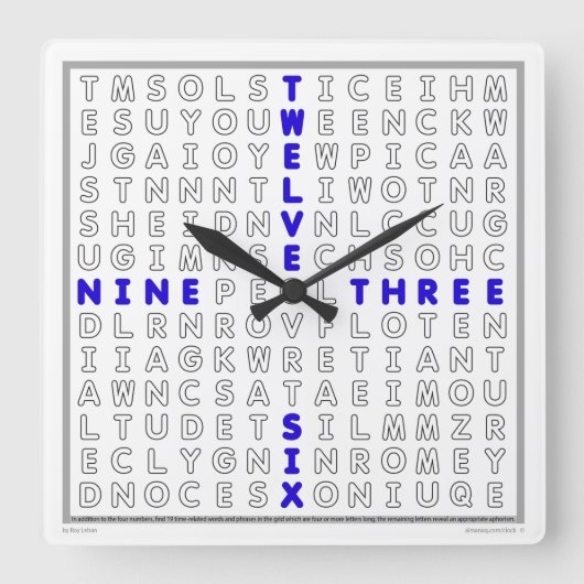 Word Search Clock with downloadable puzzle (blue) Quadratische Wanduhr (Vorderseite)