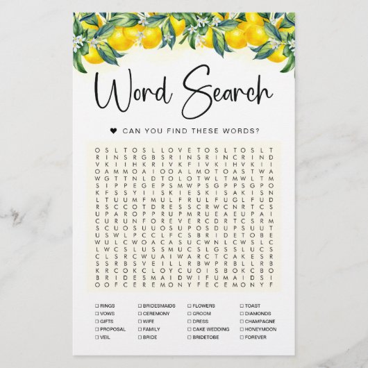 Word Search Game Lemon Brautparty Card (Vorderseite)