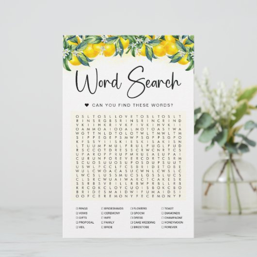 Word Search Game Lemon Brautparty Card (Stehend Vorderseite)
