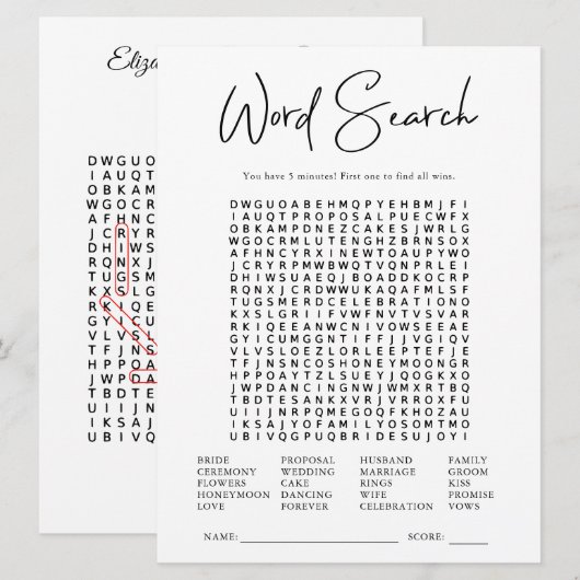 Word-Suche | Brautparty Game (Vorne/Hinten)