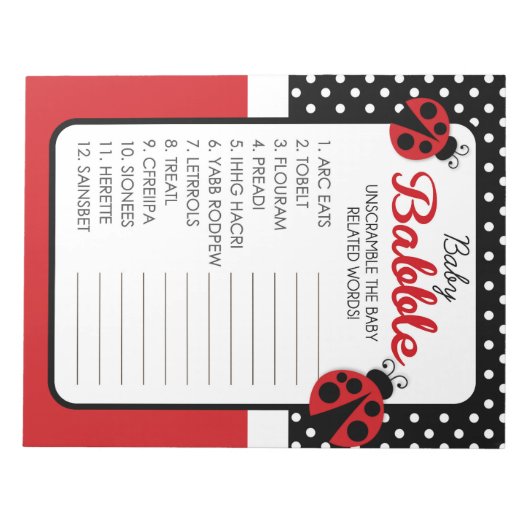 Word Uncramble Ladybug Baby Shower Game Pack Notizblock (Vorderseite)