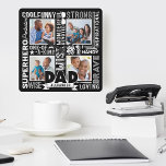 Words For #1 Dad Father's Day Photo Collage Black Quadratische Wanduhr<br><div class="desc">Celebrate your special and wonderful father in your life with our memorable and unique words for dad, father's day black clock. The design features a collage of different words for dad combined with a four photo layout to display your own special family photos. Black background with the words displayed in...</div>
