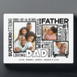 Words For #1 Dad Father's Day Photo Collage White Fotoplatte<br><div class="desc">Celebrate your special and wonderful father in your life with our memorable and unique words for dad, father's day white plaque. The design features a collage of different words for dad combined with a three photo layout to display your own special family photos. White background with the words displayed in...</div>