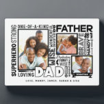 Words For #1 Dad Father's Day Photo Collage White Fotoplatte<br><div class="desc">Celebrate your special and wonderful father in your life with our memorable and unique words for dad, father's day white plaque. The design features a collage of different words for dad combined with a three photo layout to display your own special family photos. White background with the words displayed in...</div>