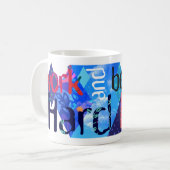 "Work&Be" blaue Tasse (Vorderseite Links)
