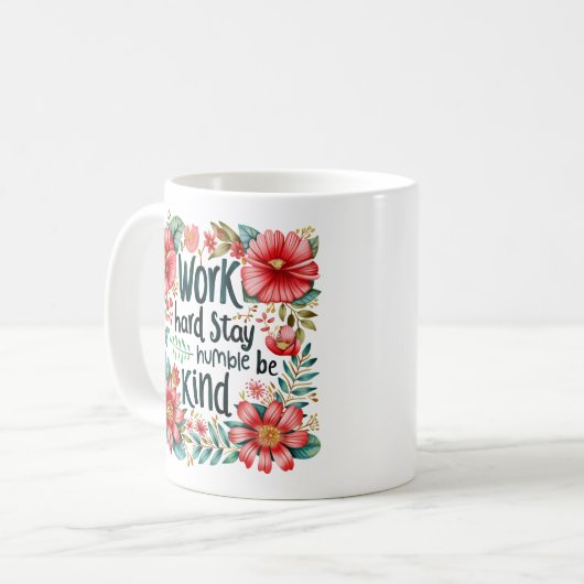 "Work Hard" Boho Red Floral Inspiration Kaffeetasse (Vorderseite Links)