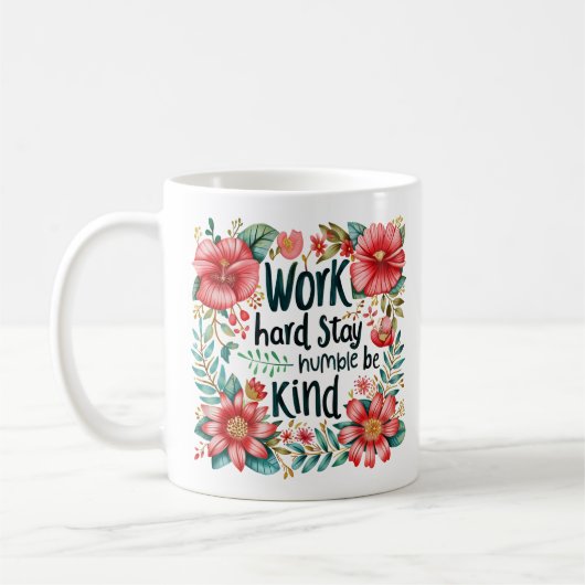 "Work Hard" Boho Red Floral Inspiration Kaffeetasse (Links)