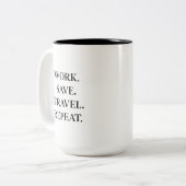 Work. Save. Travel. Repeat. Zweifarbige Tasse (Vorderseite Links)