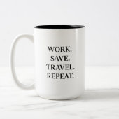 Work. Save. Travel. Repeat. Zweifarbige Tasse (Links)