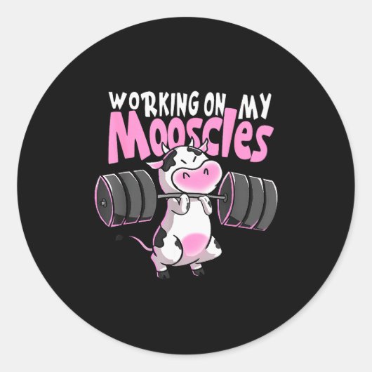 Working On My Mooscles Funny Gym Cow Weightlifting Runder Aufkleber (Vorderseite)