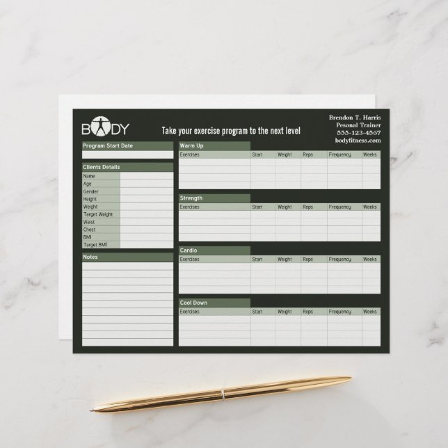 Workout-Log-Sheets für den Personal Trainer von Bo (Vorderseite/Rückseite Beispiel)