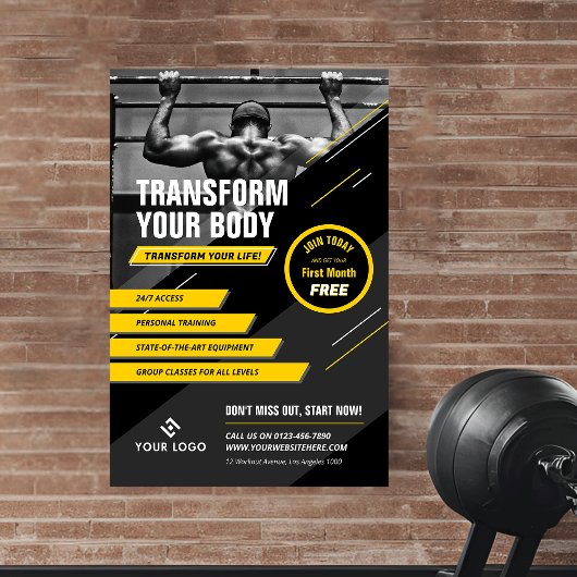 Workout-Marketing für Gymnastik-Foto-Schwarz-Gelb- Poster
