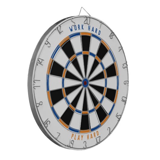 "WORKSHARD PLAY HARD" Spielsaal Schwarz/Blau/Orang Dartscheibe (Vorderseite Links)