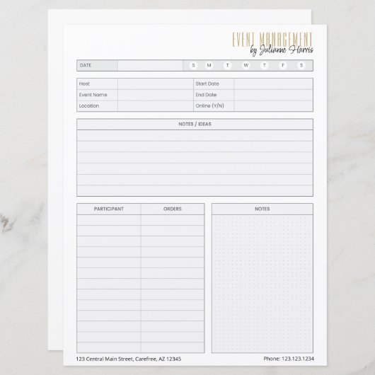 Worksheet "Business Event Planning" (Vorne/Hinten)